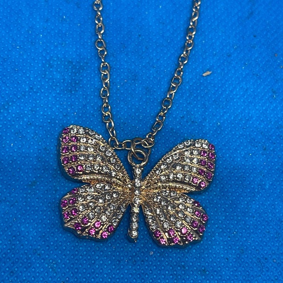 Gold Tone Butterfly Necklace with Blue Stones - Picture 3 of 3